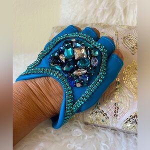 Blue Leather & Crystal/Rhinestone Short Driving Gloves (Handmade)